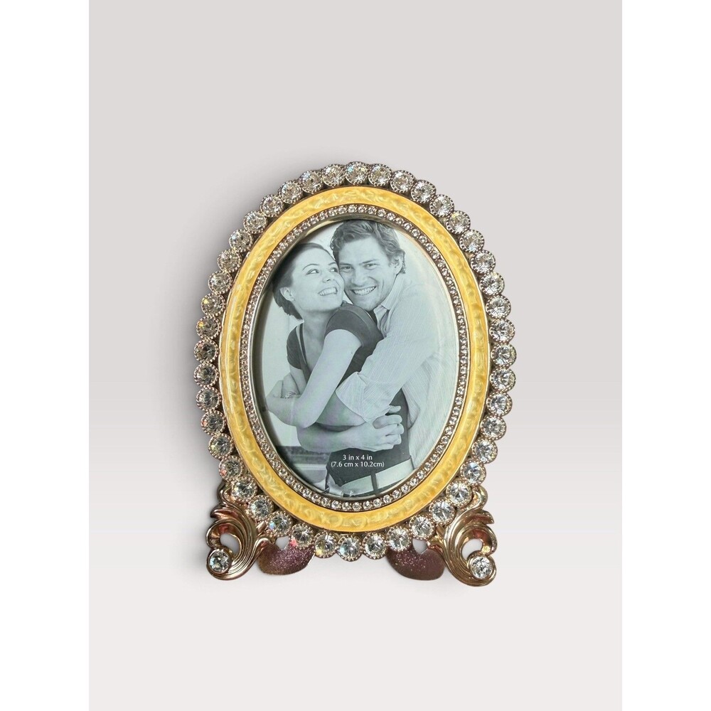 Beautiful Rhinestones, Enamel Painted Oval Picture Frame 3x4” New In Gift Box